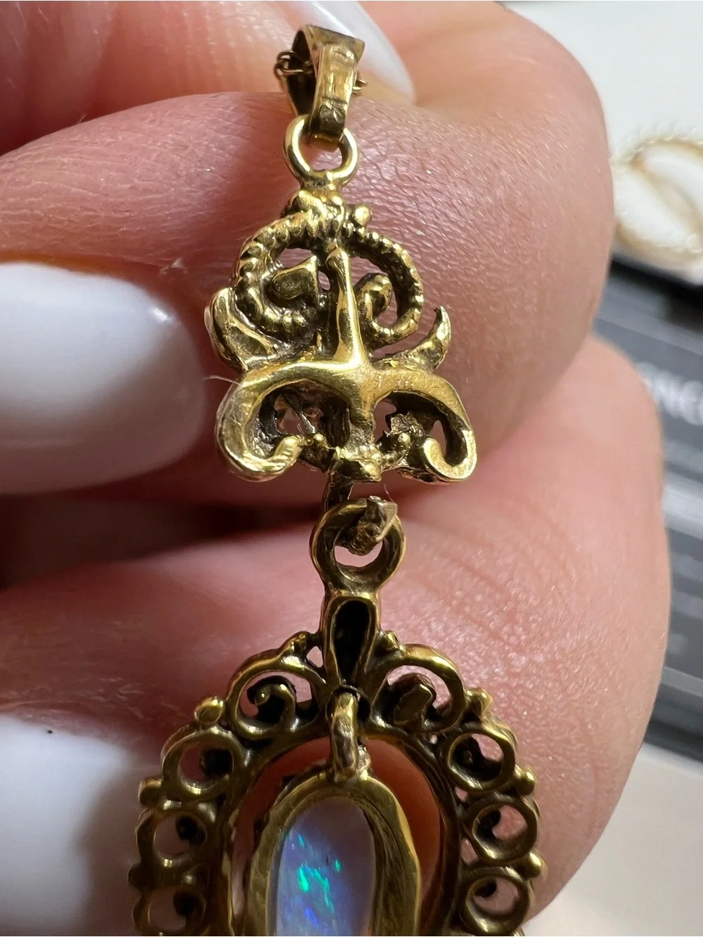 Antique 14K yellow gold with opals pendant necklace - Picture 7 of 15